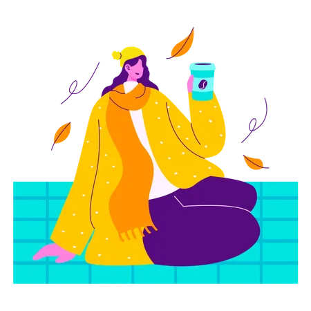 Girl Having Coffee During Autumn  Illustration