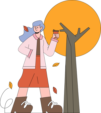 Girl having coffee during autumn  イラスト