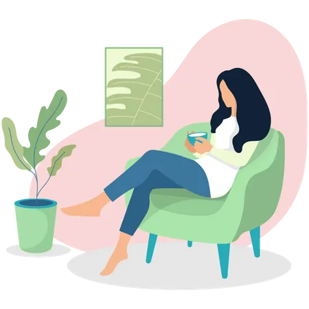 Concept Of A Girl Inside Home With A Cup Of Tea Happy Woman Relaxing Female Character Sitting On Desk Chair Stay At Home Vector Flat Illustration Illustration