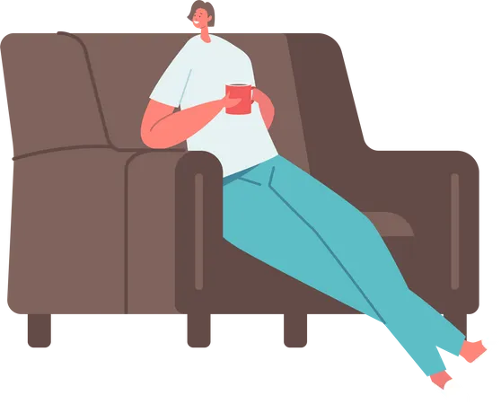 Female Character Relaxing In Comfortable Soft Armchair With Coffee Or Tea Cup In Hands Woman Enjoying Weekend Relax At Home Visit Friend Sitting In Cozy Furniture Cartoon Vector Illustration Illustration