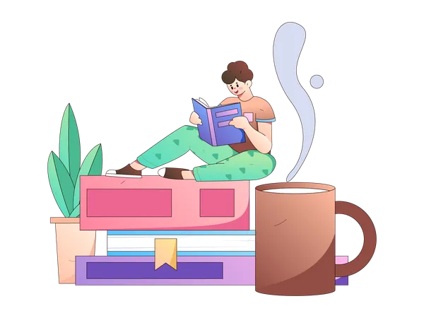 Girl having coffee with reading  Illustration