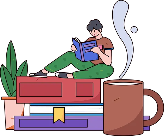 Girl having coffee with reading  Illustration