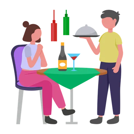 Girl having dinner at Restaurant  Illustration