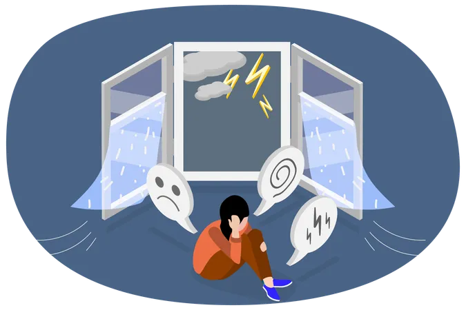 3 D Isometric Flat Vector Conceptual Illustration Of Fear Of Thunderstorm Anxiety And Panic Attack Illustration