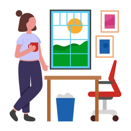 Girl having Fresh Brewed Morning Coffee  Illustration