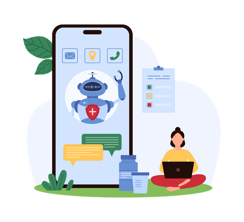 Girl having Medical Chat-Bot Assisting with Health Queries  Illustration