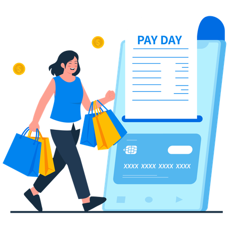 Girl having Payday Shopping Spree  Illustration