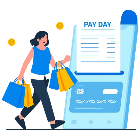 Girl having Payday Shopping Spree  Illustration