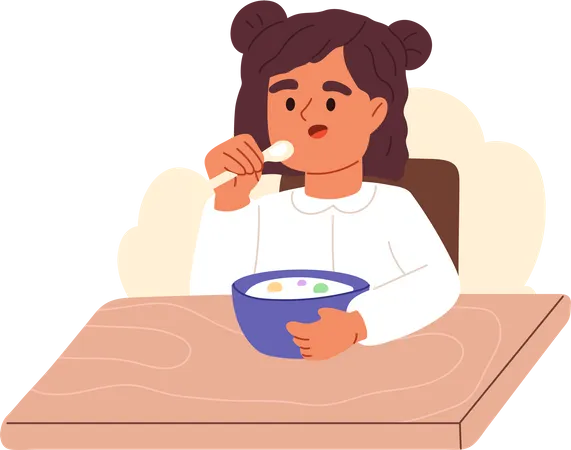 Kid Girl Having Porridge On Breakfast Small Child Enjoy Muesli With Milk Meal Before School Morning Routine For Children Concept Cartoon Flat Vector Illustration Illustration