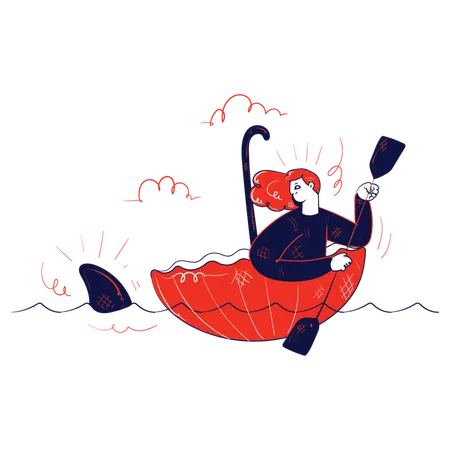 Girl having risk from shark in ocean  Illustration
