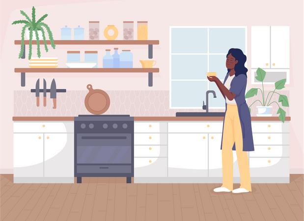 Girl having tea in the kitchen Illustration