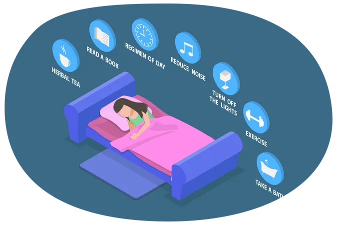 더 나은 수면 건강한 수면 규칙을 위한 팁에 대한 3 D 아이소메트릭 평면 벡터 그림 일러스트레이션