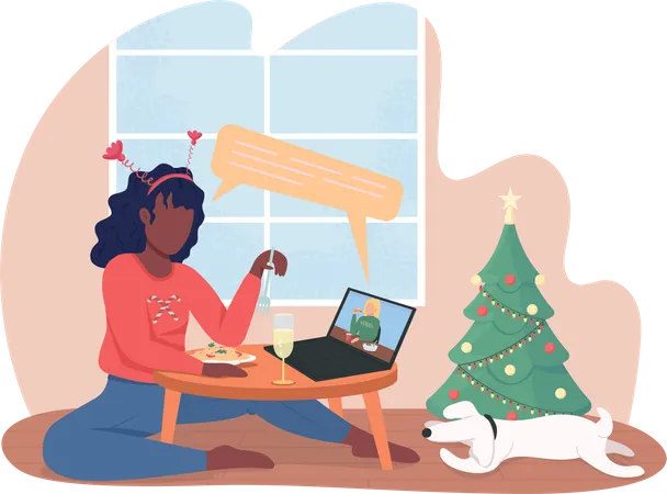 Virtual Christmas Dinner 2 D Vector Isolated Illustration Girl On Video Call With Friend Flat Characters On Cartoon Background Social Distancing On Festive Holidays Colourful Scene Illustration