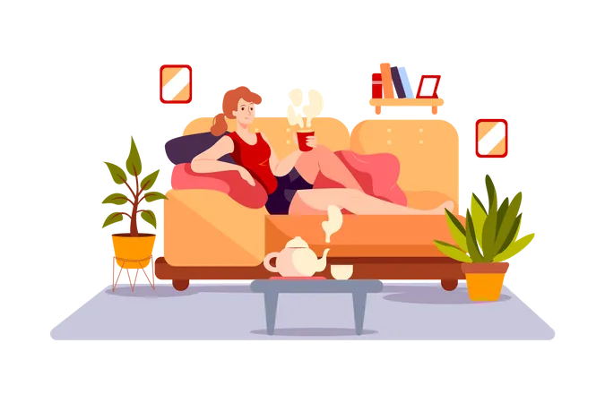 Girl heaving Coffee and relaxing on sofa  Illustration