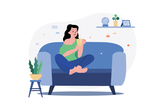 Girl Heaving Coffee And Relaxing On The Sofa  Illustration