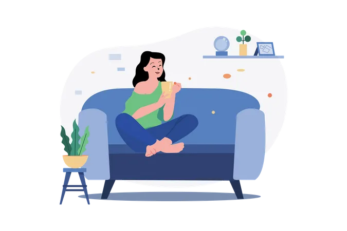 Girl Heaving Coffee And Relaxing On The Sofa  Illustration