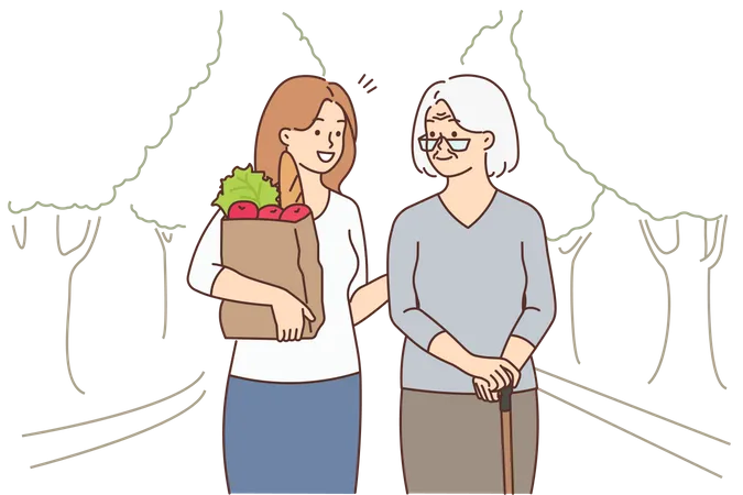 Girl helping aged woman with grocery bag  Illustration