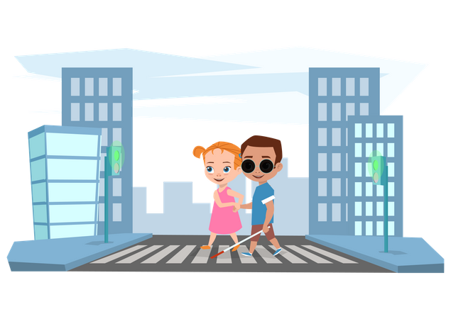 Girl helping blind boy to cross street  Illustration