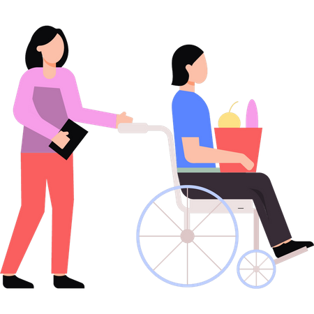 Girl helping disabled girl in wheelchair  イラスト