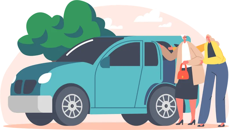 Girl helping old woman getting into car Illustration