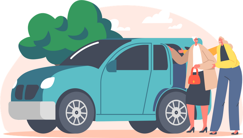 Girl helping old woman getting into car  Illustration