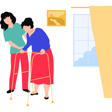 Girl helping the old woman to walk  イラスト