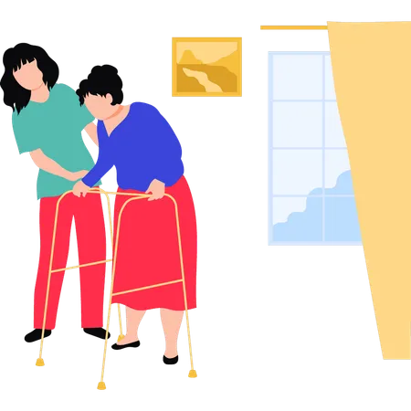 The Girl Is Helping The Old Woman To Walk Illustration
