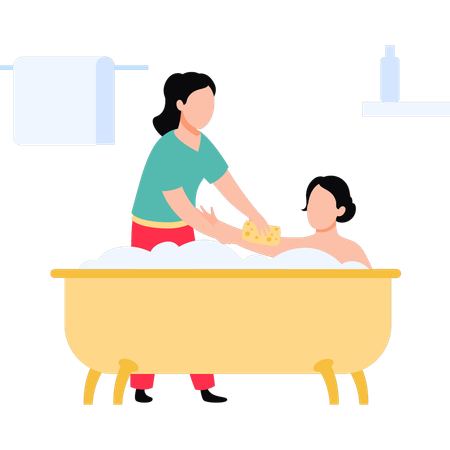 Girl helping woman to bathe  Illustration