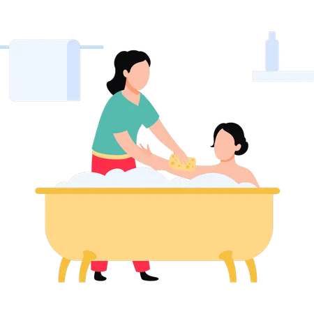 A Girl Is Helping A Woman To Bathe Illustration