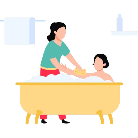 Girl helping woman to bathe  Illustration