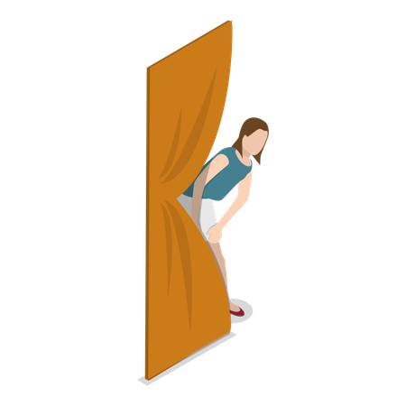 Girl hiding behind curtains and spying on people  Illustration