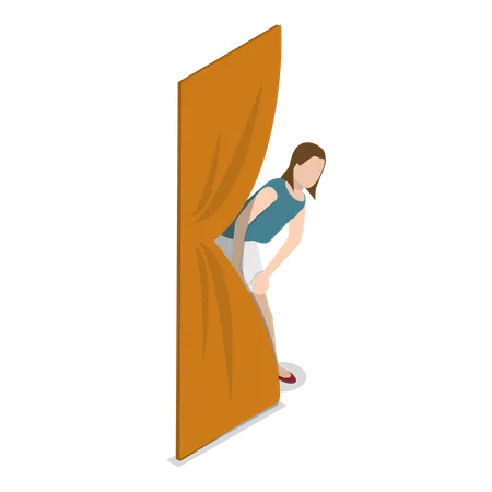 Girl hiding behind curtains and spying on people  Illustration