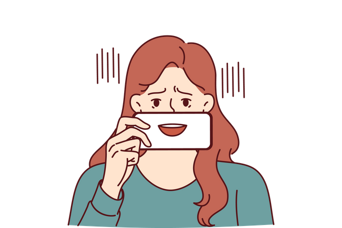 Girl Hiding her smile with Mobile  Illustration