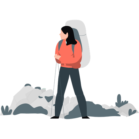 Girl hiking on montain while feeling lonely  Illustration