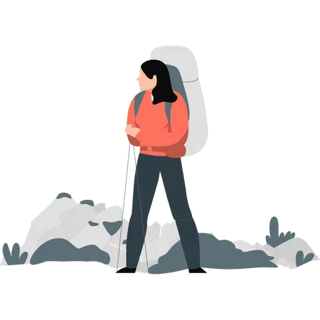 Girl hiking on montain while feeling lonely  Illustration