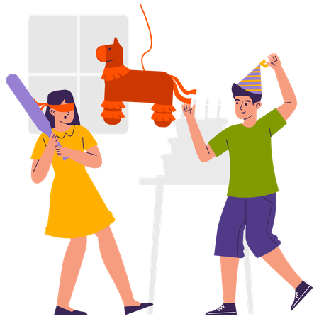 Girl hits pinata with baton during party  Illustration