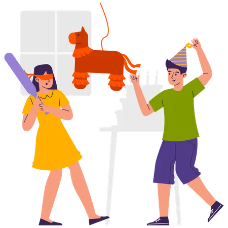 Girl hits pinata with baton during party  Illustration