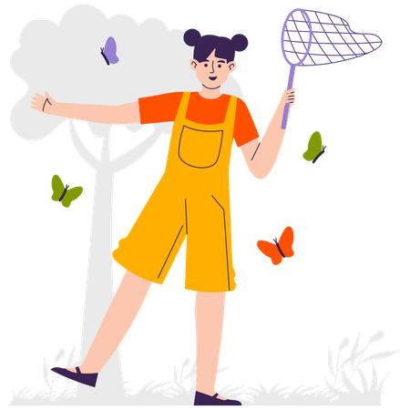 Girl Hold Net And Playing with Butterfly  Illustration