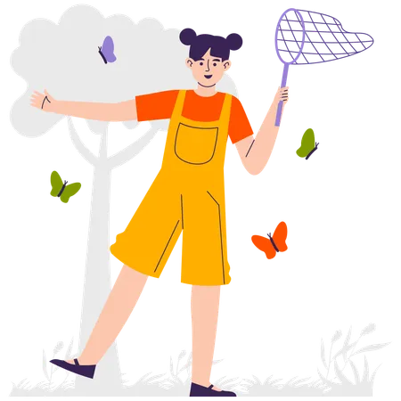 Girl Hold Net And Playing with Butterfly  Illustration