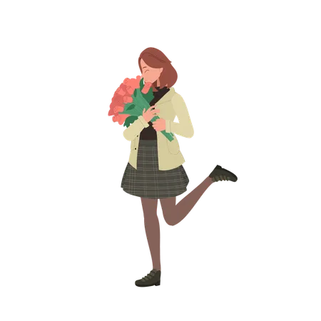 Girl holding a beautiful rose bouquet  Illustration