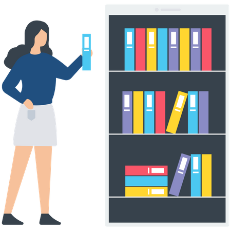 Girl holding a book and stand near the Book library  Illustration