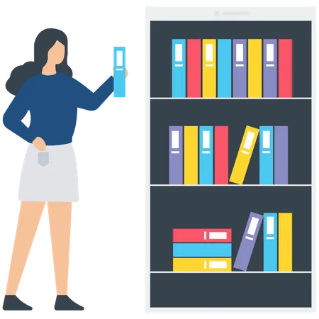 Girl holding a book and stand near the Book library  イラスト
