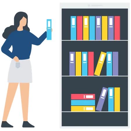 Girl holding a book and stand near the Book library  Illustration