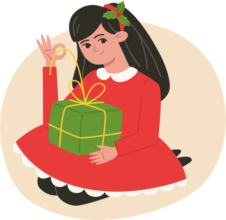 Girl holding a Christmas present  イラスト