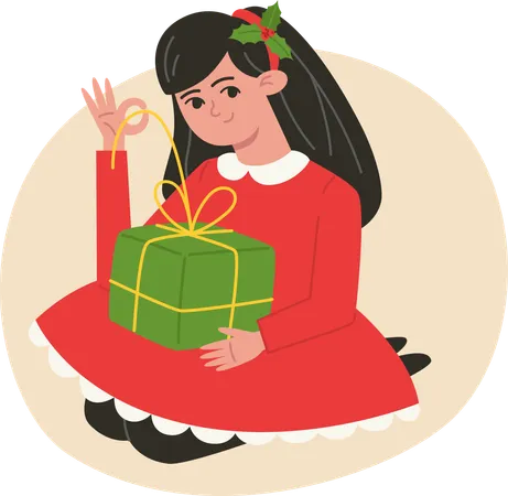 Girl Holding A Christmas Present Illustration In Flat Style Illustration
