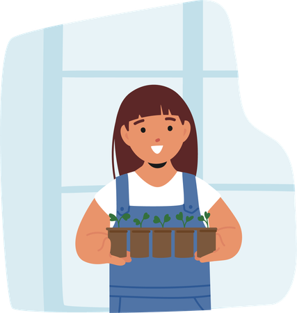 Girl Holding A Potted Plant Seedlings  Illustration