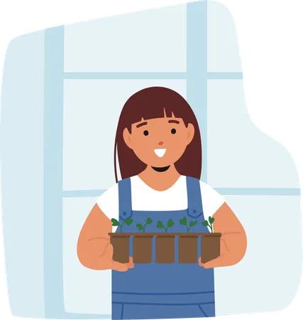 Girl Holding A Potted Plant Seedlings  Illustration