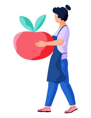 Girl In Apron Carries Large Red Apple Woman Takes Fruit For Cooking In Kitchen Female Character Transports Apple From Refrigerator To Kitchen Chef With Dish Ingredient Isolated On White Background Illustration