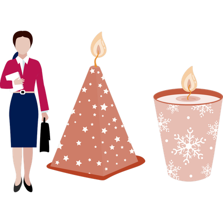 Girl holding bag looking at pyramid candle  Illustration