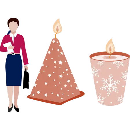 Girl holding bag looking at pyramid candle  Illustration